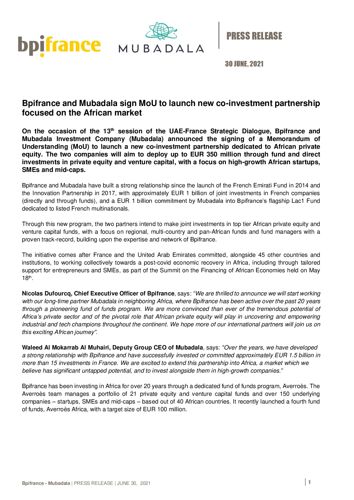 2021 06 30 – PR – Bpifrance and Mubadala sign MoU to launch new co-investment partnership focused on the African market-pdf