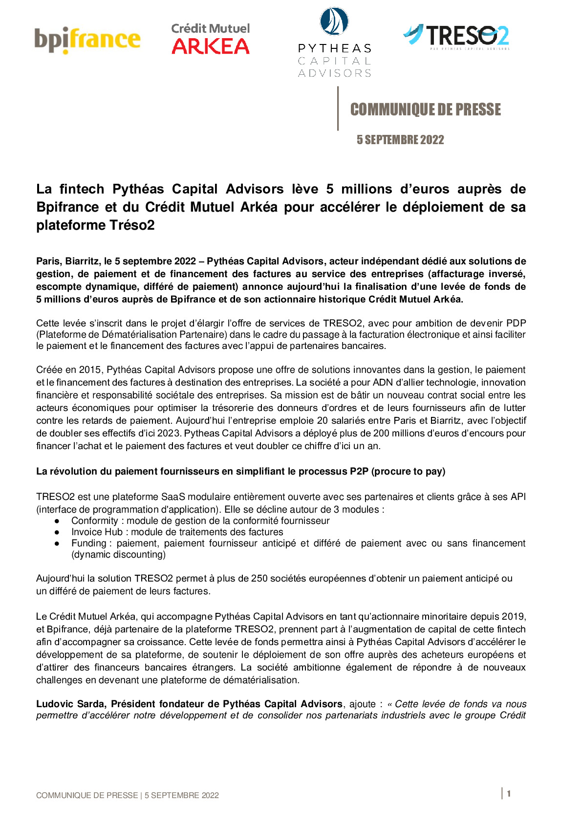 2022 09 05 – CP – La fintech Pytheas Capital Advisors leve 5 millions deuros aupres de Bpifrance et du Credit Mutuel Arkea-pdf