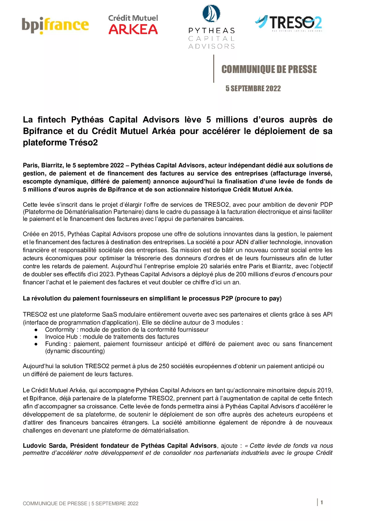 2022 09 05 – CP – La fintech Pytheas Capital Advisors leve 5 millions deuros aupres de Bpifrance et du Credit Mutuel Arkea-pdf