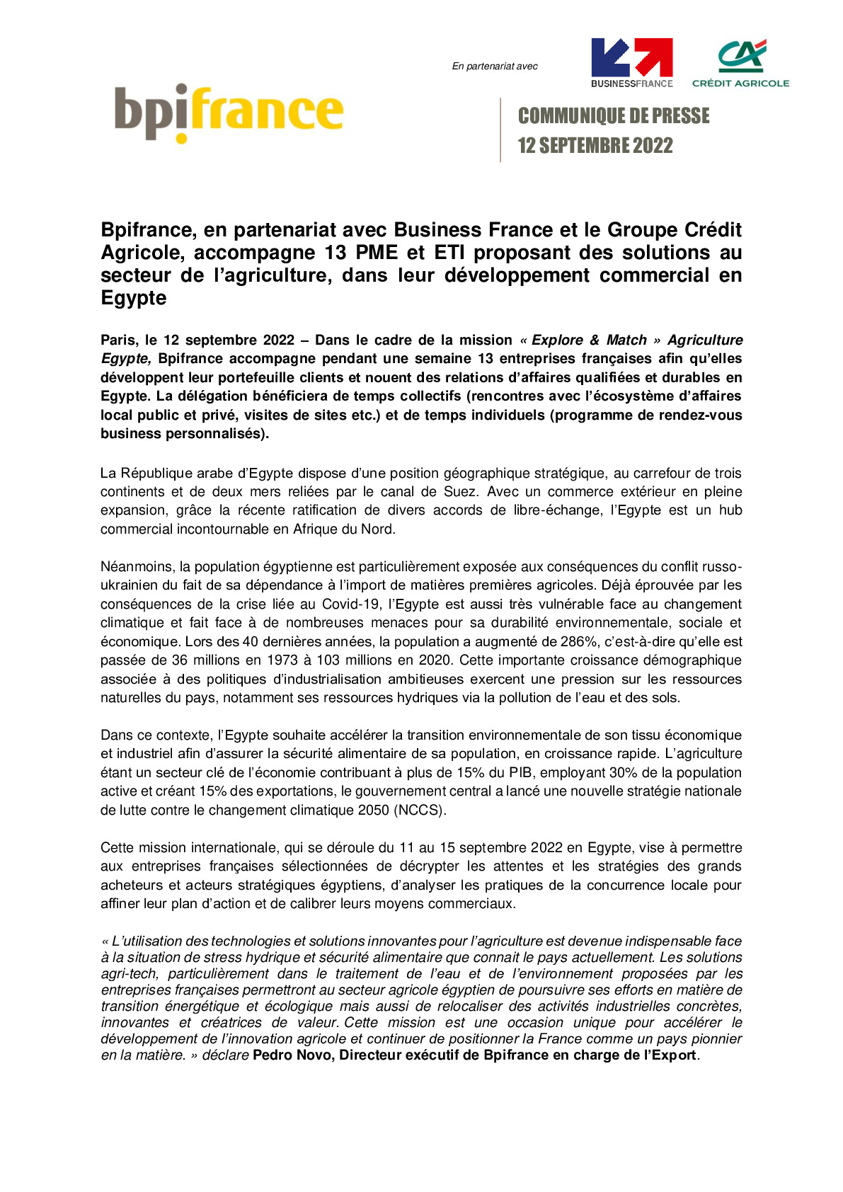 2022 09 12 – CP Bpifrance accompagne 13 PME et ETI dans leur developpement commercial en Egypte-pdf