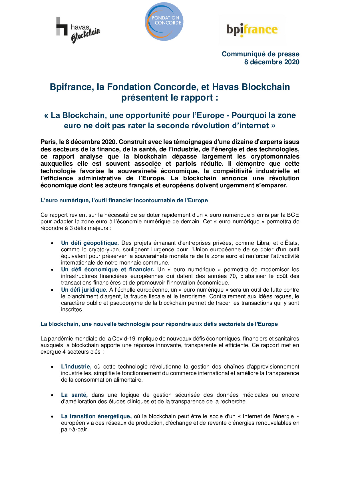 2020 12 08 – CP Bpifrance Fondation Concorde et Havas Blockchain presentent le rapport La Blockchain une opportunite pour lEurope-pdf