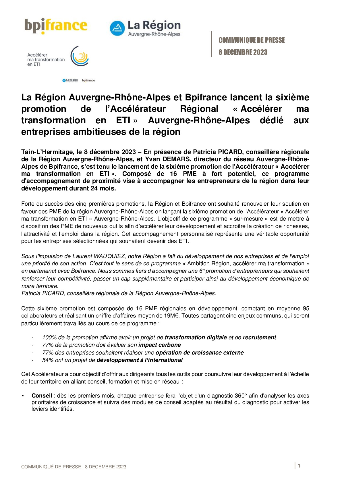 2023 12 8 – CP Bpifrance – Bpifrance lance la sixième promotion de l’Accélérateur Régional Accélérer ma transformation en ETI  Auvergne-Rhône-Alpes dédié vdef-pdf