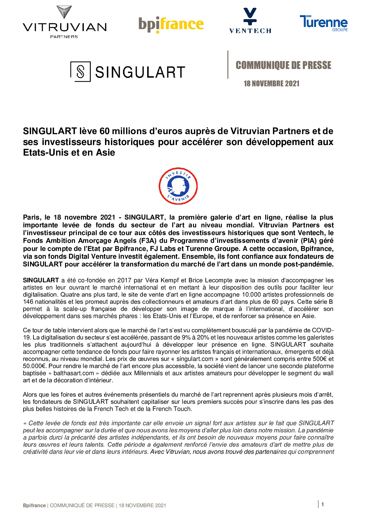 2021 11 18 – SINGULART leve 60 millions deuros aupres de Vitruvian Partners et de ses investisseurs historiques-pdf