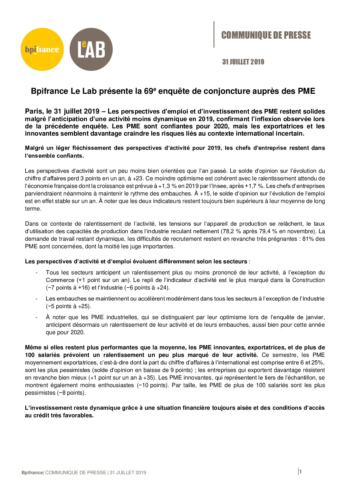 2019 07 31 – CP Bpifrance – 69e Enquete de conjoncture PME-pdf