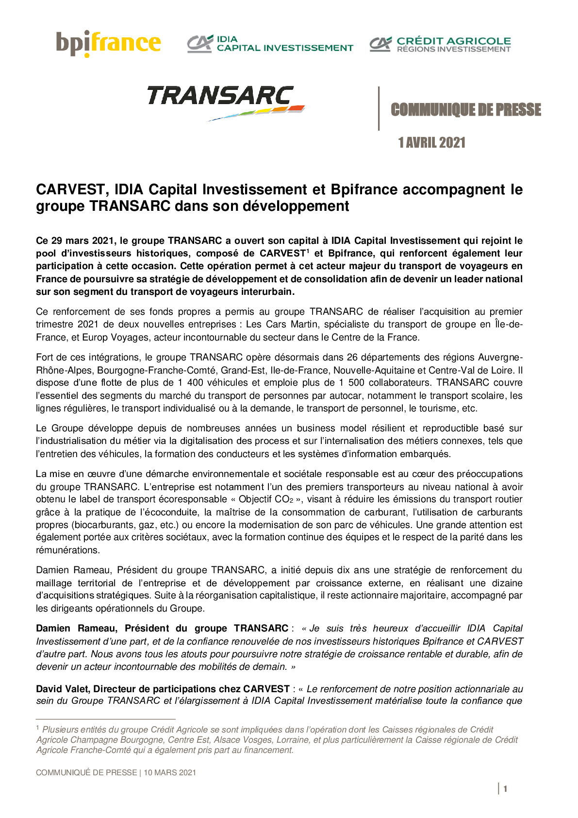 2021 04 01 – CP CARVEST IDIA Capital Investissement et Bpifrance accompagnent le groupe TRANSARC dans son developpement-pdf