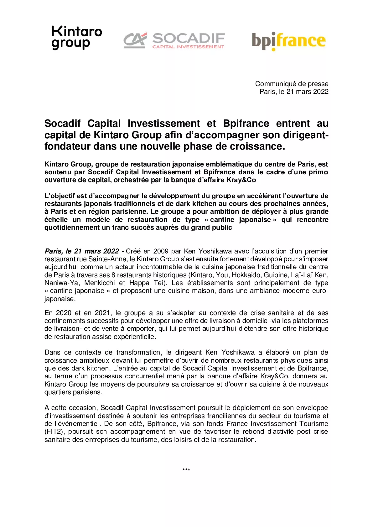 2022-03-21 – Communique de presse Kintaro Group Socadif Bpifrance