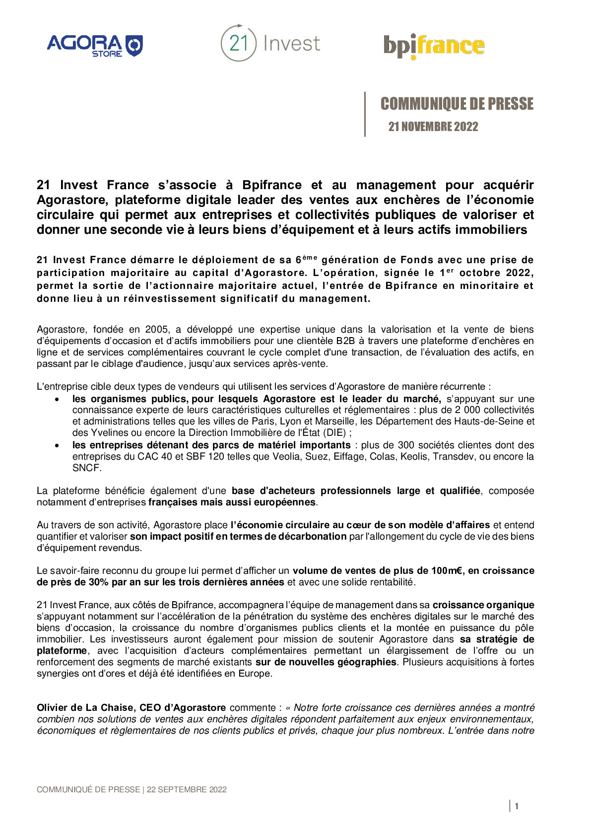 2022 11 21 – CP – 21 Invest France sassocie a Bpifrance et au management pour acquerir Agorastore-pdf
