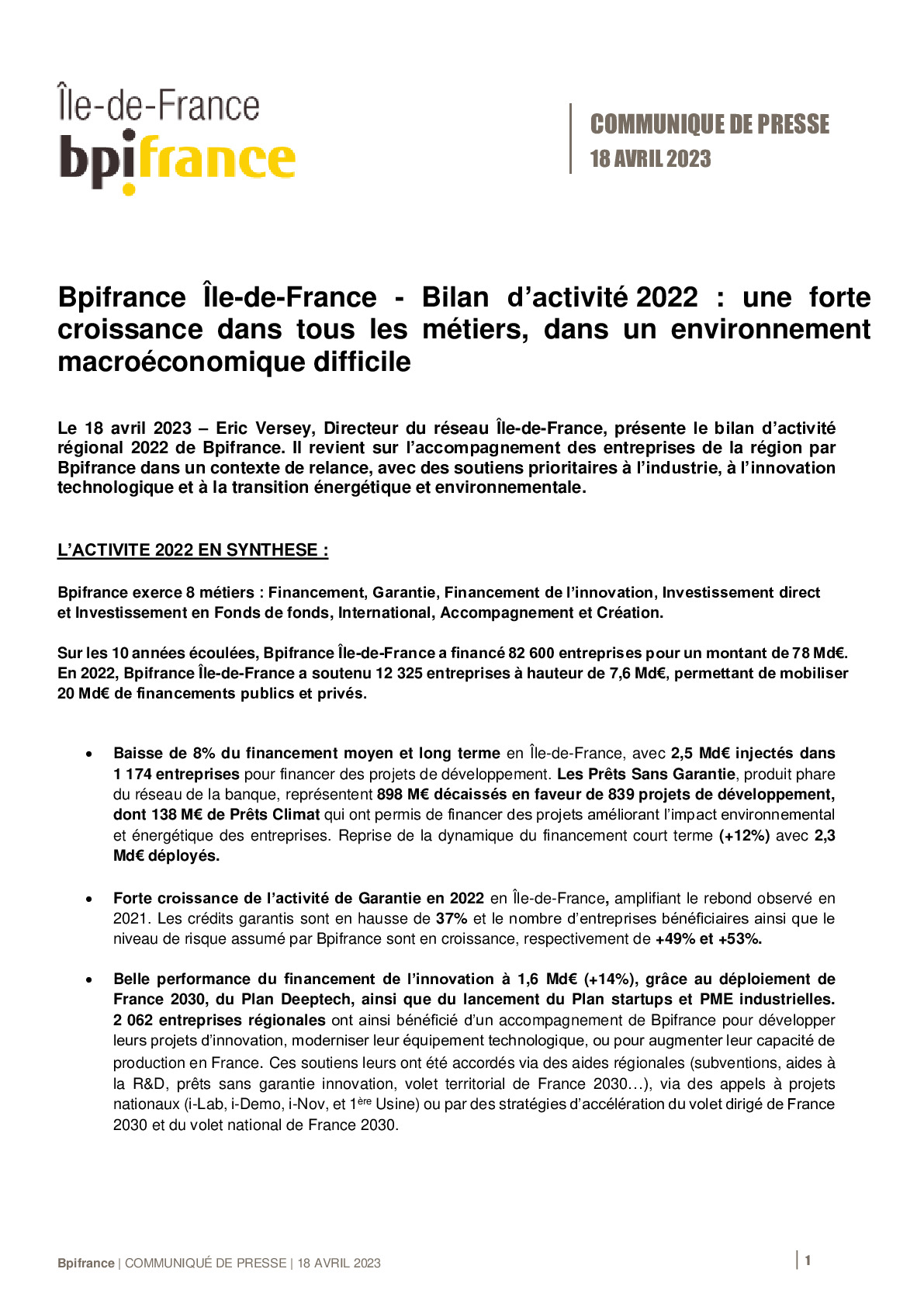 2023 04 18 – Bpifrance Île-de-France – Bilan d’activité 2022 – une forte croissance dans tous les métiers, dans un environnement macroéconomique difficile 1-pdf