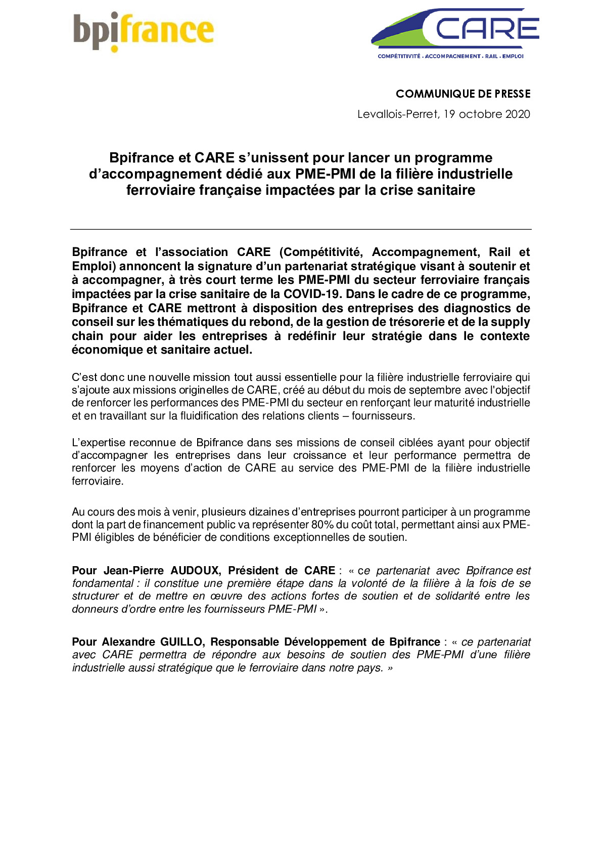 2020 10 19 – CP Bpifrance et CARE sunissent pour lancer un programme daccompagnement dedie aux PME-PMI de la filiere ferroviaire francaise-pdf