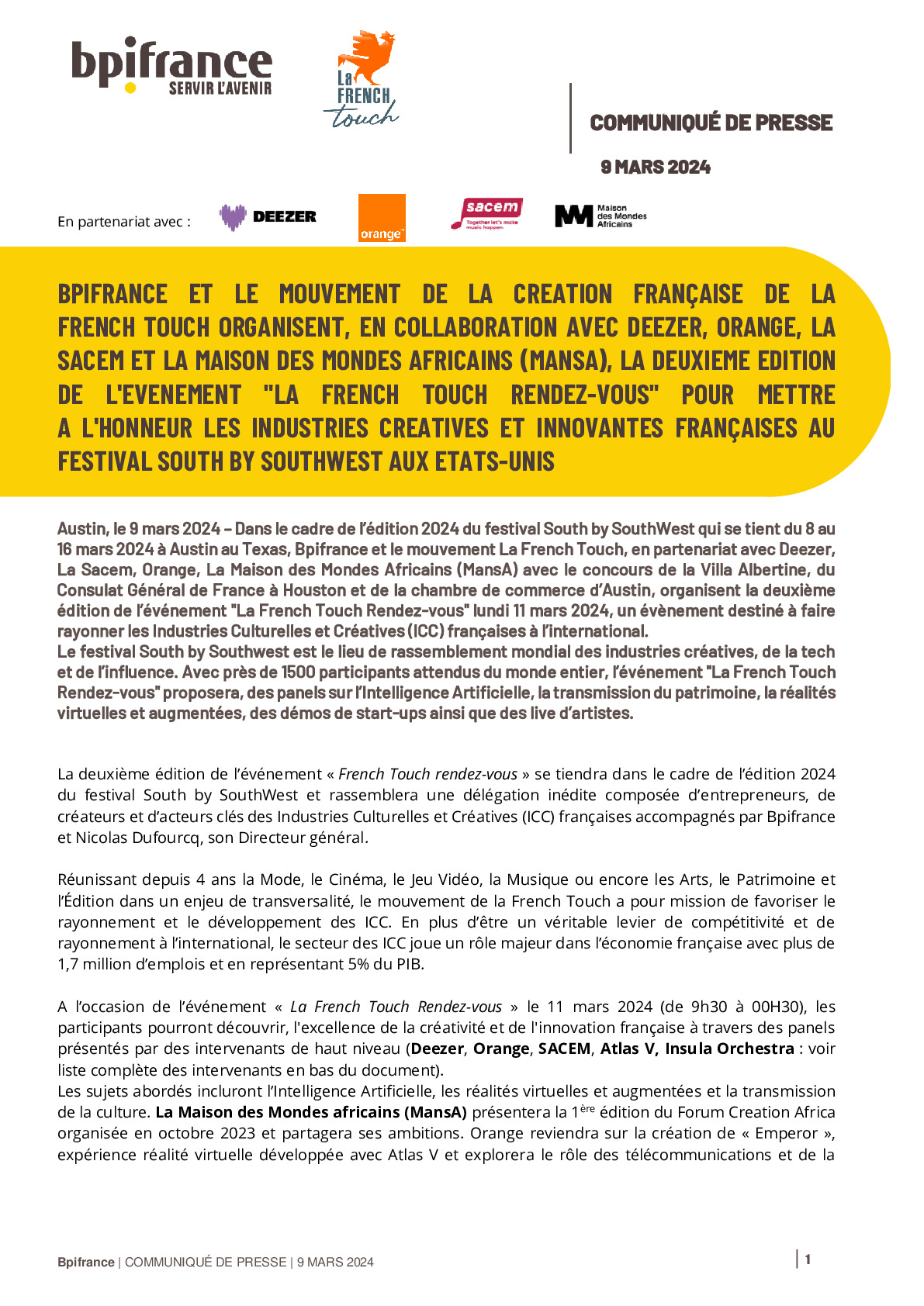 2024 03 09  – CP Bpifrance – Bpifrance et le mouvement de la création française de la French Touch organisent e la 2e édition de l’événement LA French Touch Rendez-pdf
