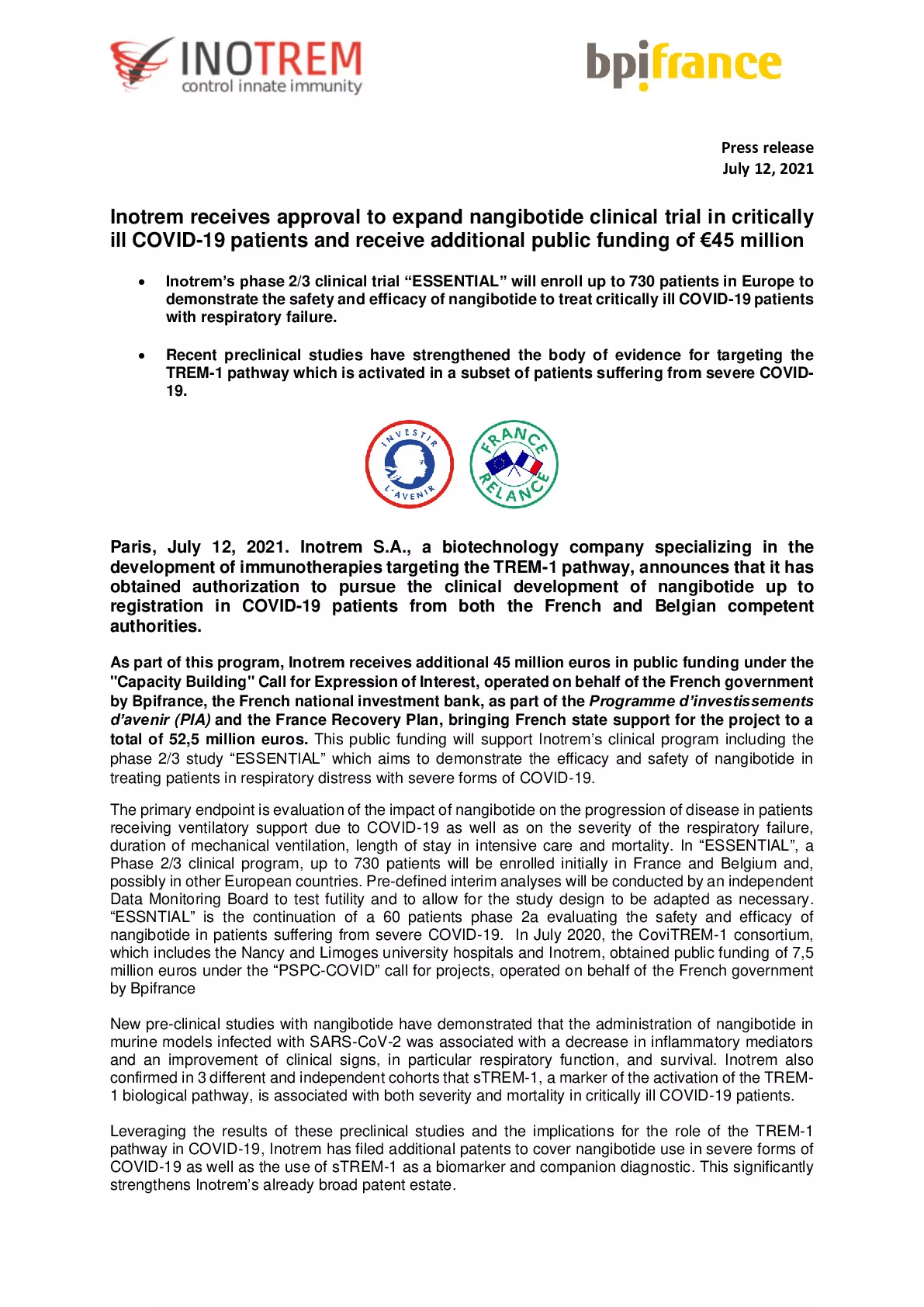 2021 07 12 – PR – Inotrem receives approval to expand nangibotide clinical trial and receive additional public funding of M 45-pdf