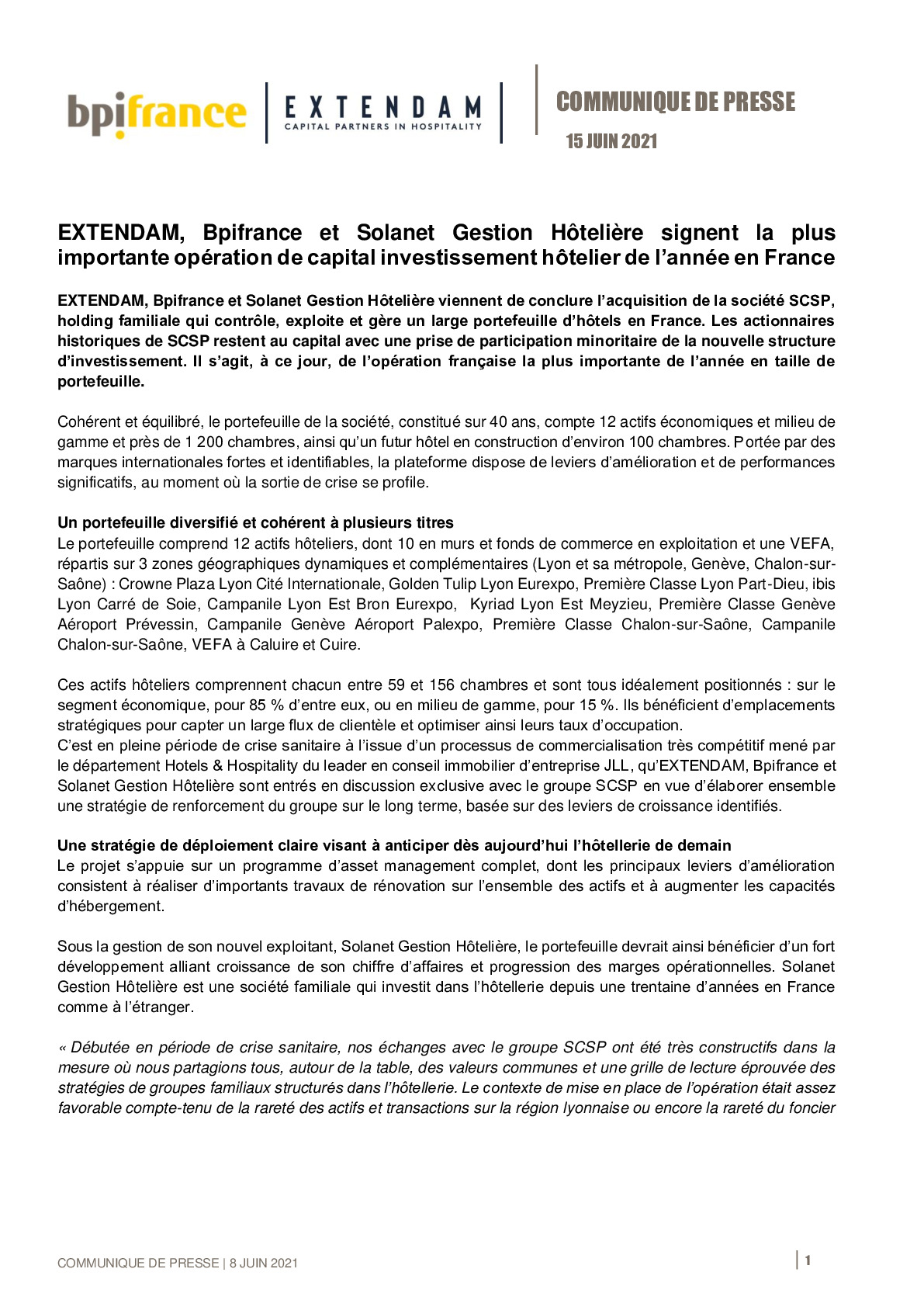 2021 06 15 – CP EXTENDAM Bpifrance et Solanet Gestion Hoteliere signent la plus importante operation de capital investissement hotelier de lannee en France-pdf