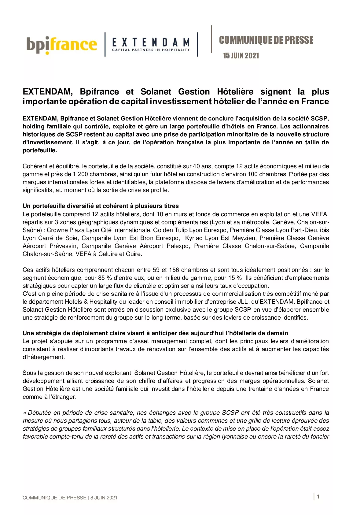 2021 06 15 – CP EXTENDAM Bpifrance et Solanet Gestion Hoteliere signent la plus importante operation de capital investissement hotelier de lannee en France-pdf