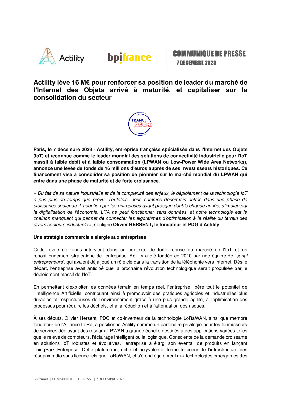 2023 12 07 – Actility lève 16 M€ pour renforcer sa position de leader du marché de l’Internet des Objets arrivé à maturité, et capitaliser sur la consolidation du secteur-pdf