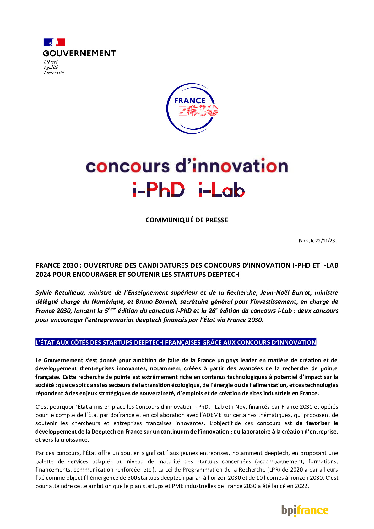 2023 11 22 France 2030 – Ouverture des candidatures des concours d’innovation I-PHD et I-LAB 2024 pour encourager et soutenir les startups deeptech-pdf