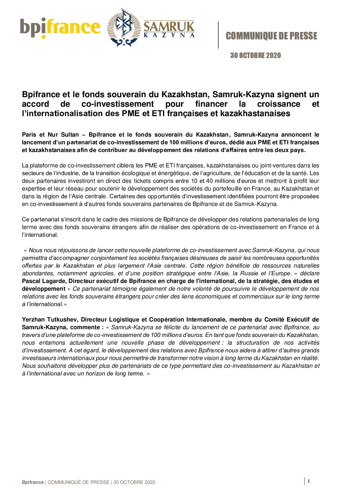 2020 10 30 – CP – Bpifrance et le fonds souverain du Kazakhstan Samruk-Kazyna signent un accord de co-investissement-pdf