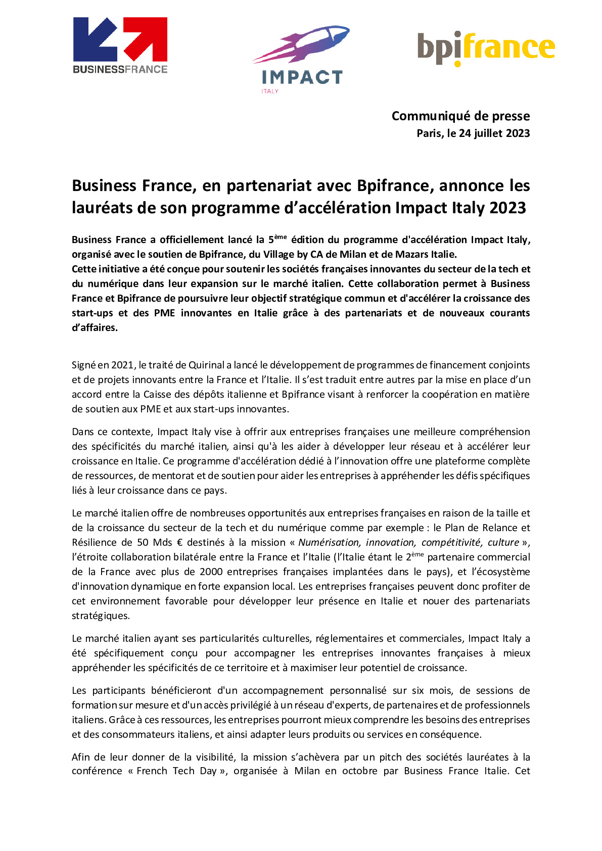 CP Bpifrance – 24 07 2023 – Business France, en partenariat avec Bpifrance, annonce les lauréats de son programme d’accélération Impact Italy 2023-pdf