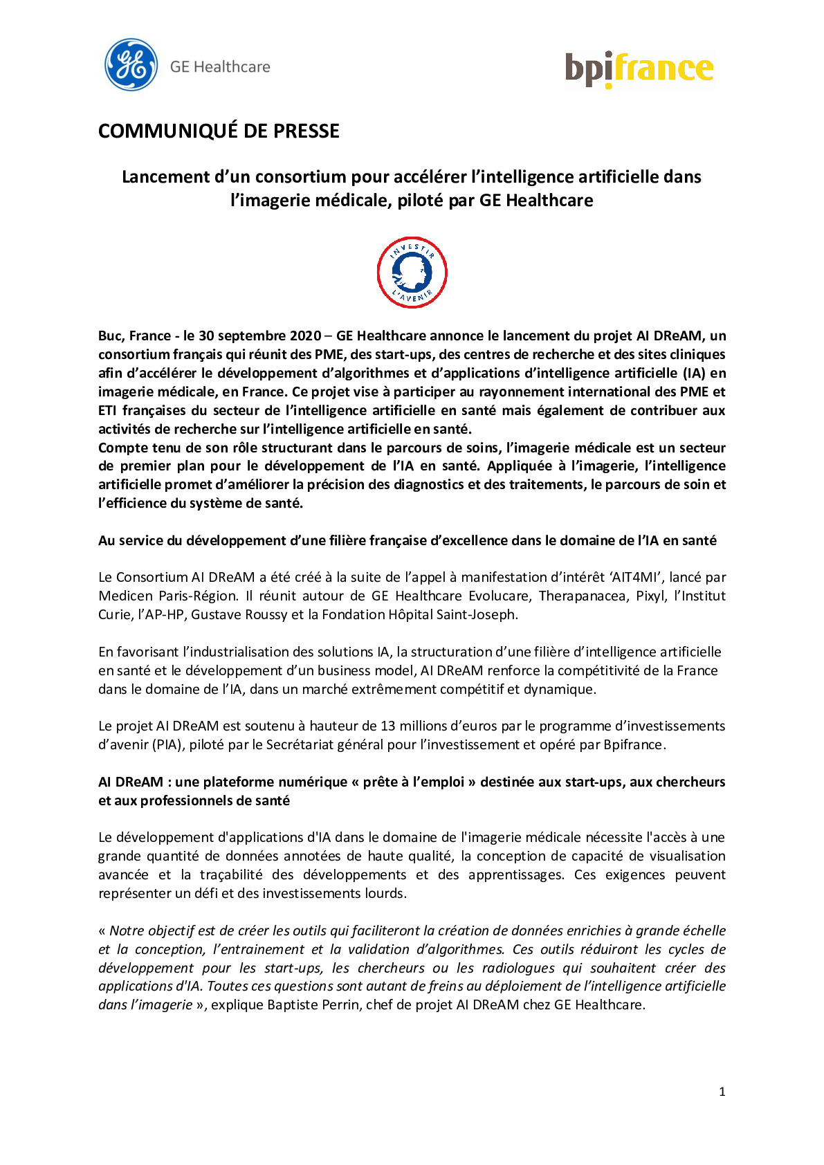 2020 09 30 – Lancement dun consortium pour accelerer lintelligence artificielle dans limagerie medicale pilote par GE Healthcare-pdf