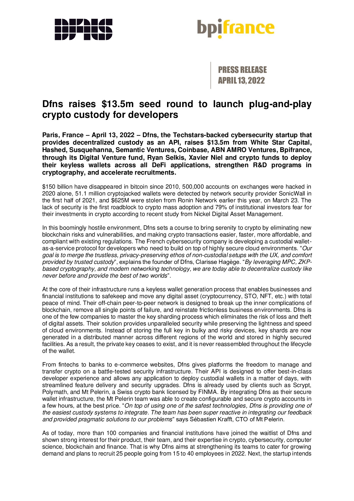 2022 04 13 – PR – Dfns raises 13-5m seed round to launch plug-and-play crypto custody for developers-pdf