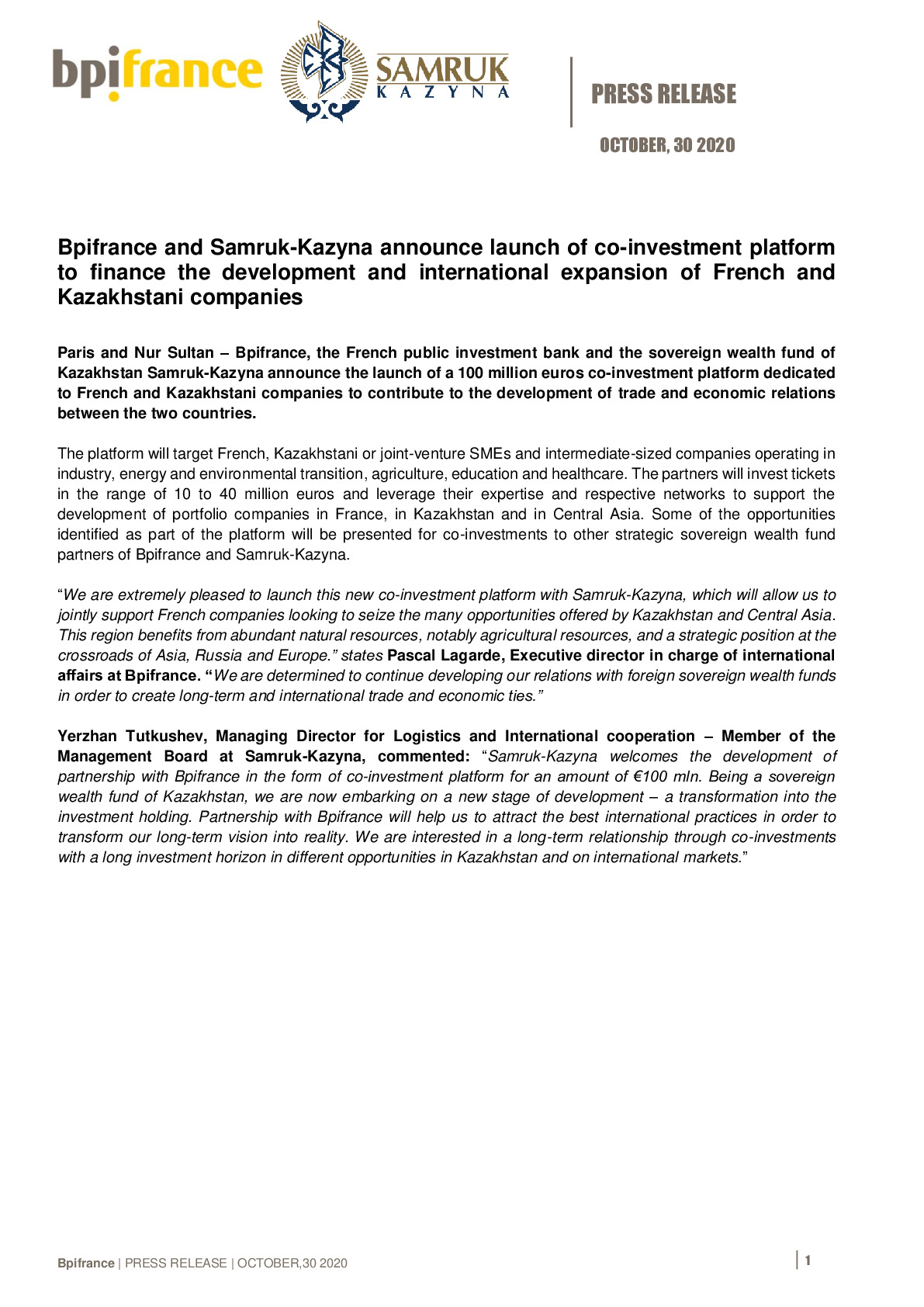 2020 10 30 – PR – Bpifrance and Samruk-Kazyna announce launch of co-investment platform-pdf