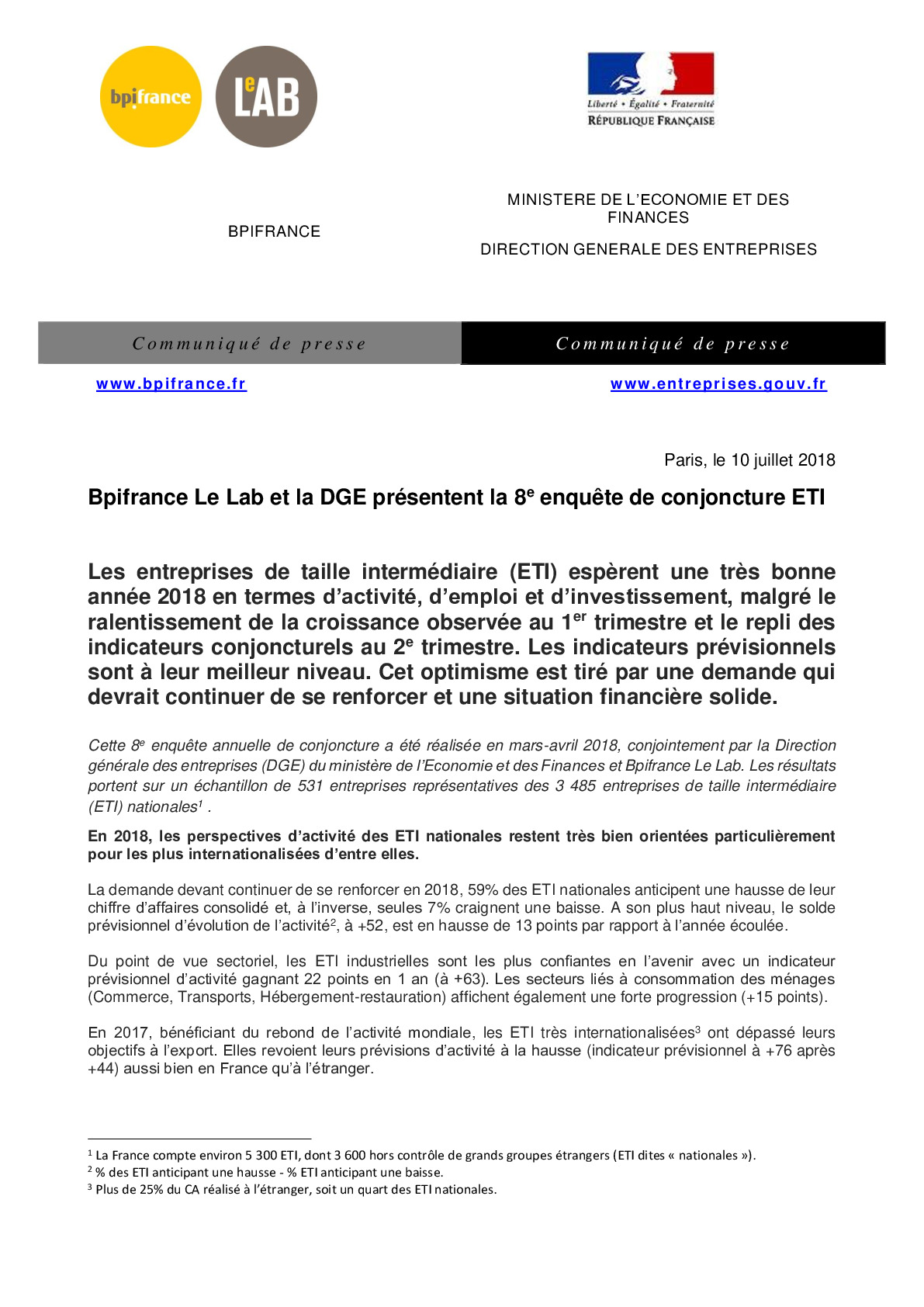 2018 07 10 –  CP Bpifrance – DGE – Etude annuelle de conjoncture ETI-pdf
