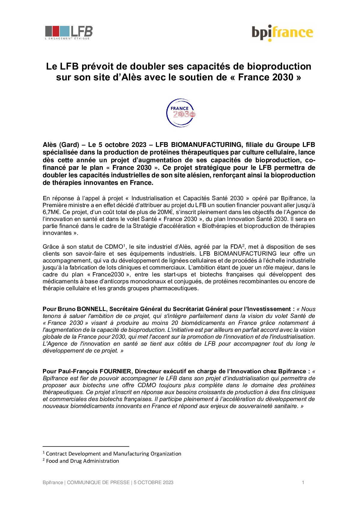 2023 10 09 – CP Bpifrance – Le LFB prévoit de doubler ses capacités de bioproduction sur son site d’Alès avec le soutien de France 2030-pdf