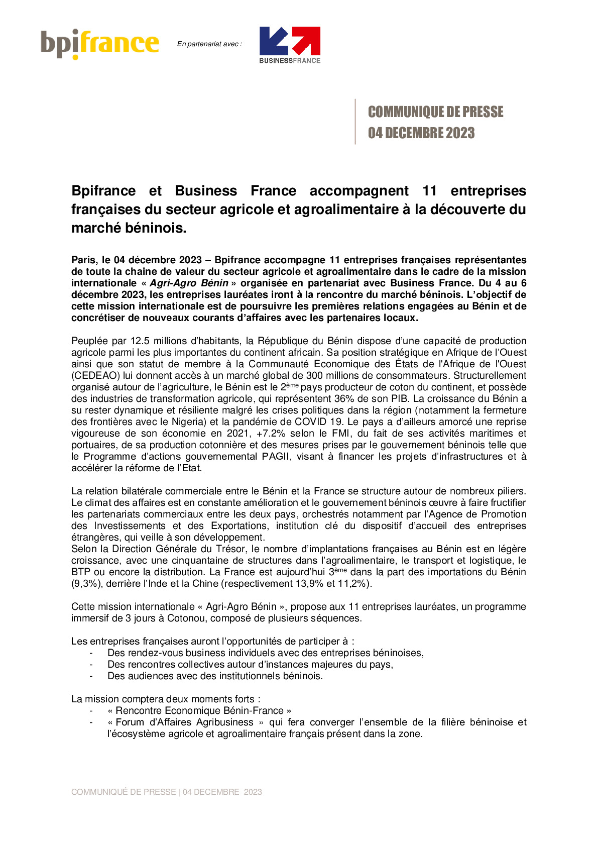 2023 12 04 – CP Bpifrance – Bpifrance et Business France accompagnent 11 entreprises françaises du secteur agricole et agroalimentaire à la découverte du marché béninois-pdf