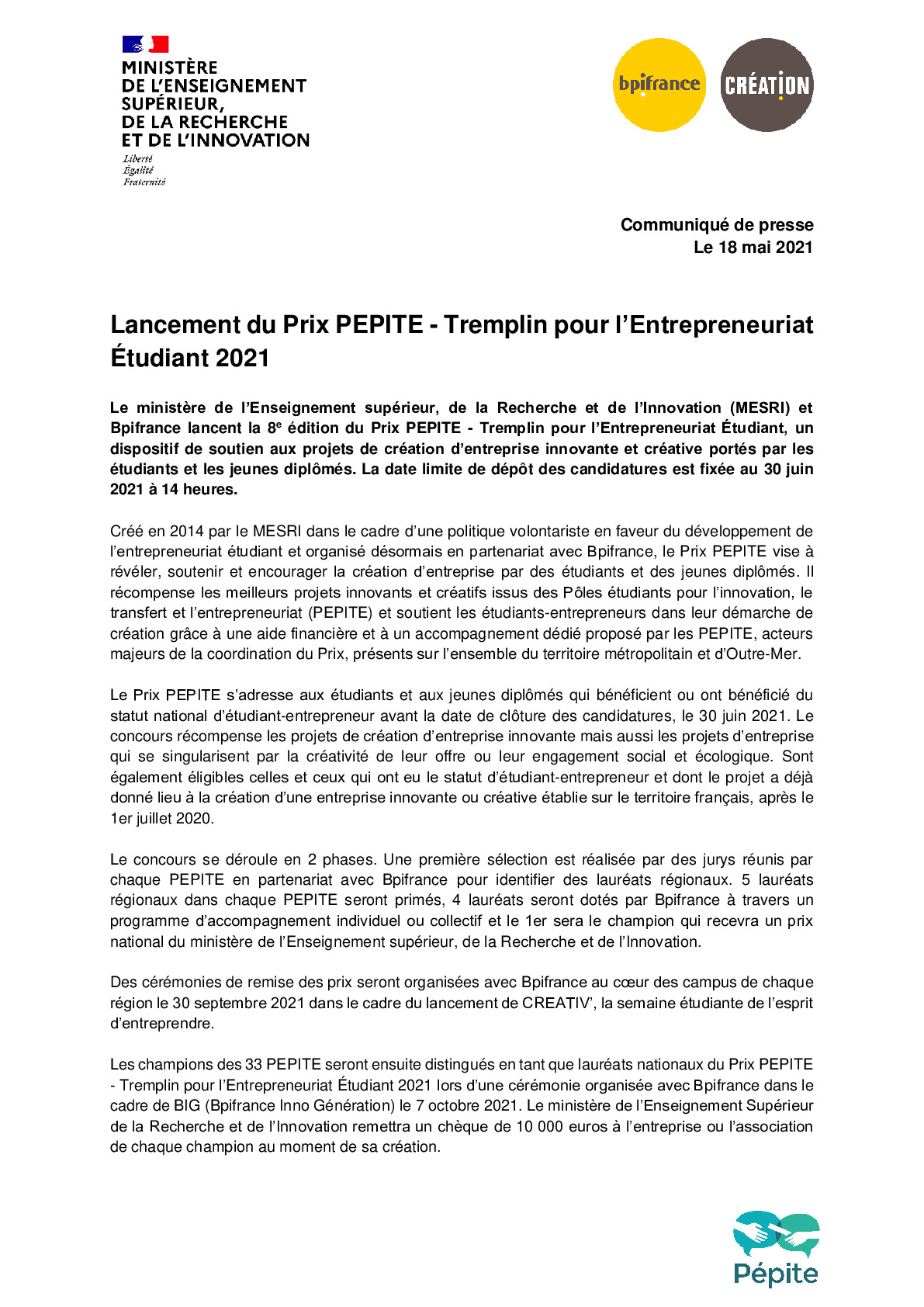 2021 05 18 – CP Lancement du Prix PEPITE – Tremplin pour lEntrepreneuriat Etudiant 2021-pdf