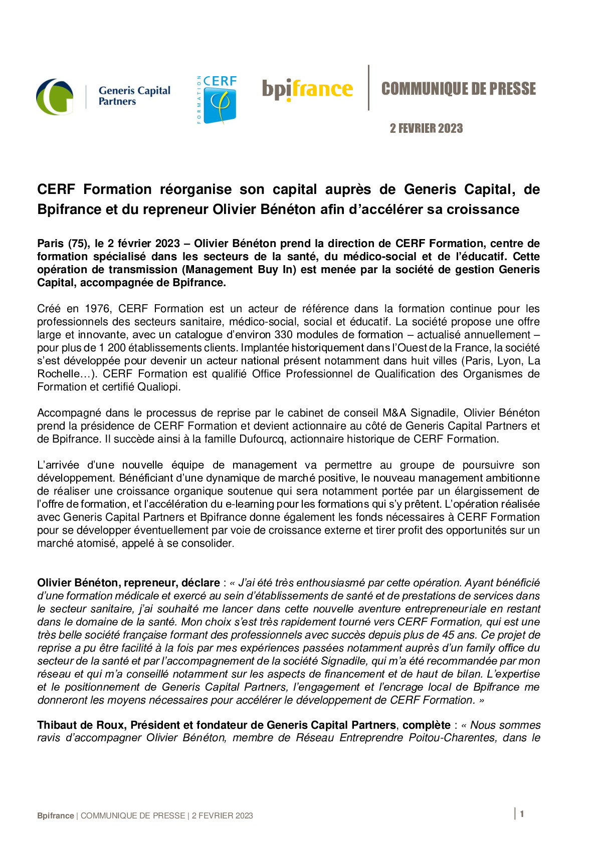 2023 02 02 – CP Bpifrance – CERF Formation réorganise son capital auprès de Generis Capital, de Bpifrance et du repreneur Olivier Bénéton afin d’accélérer sa croissance-pdf