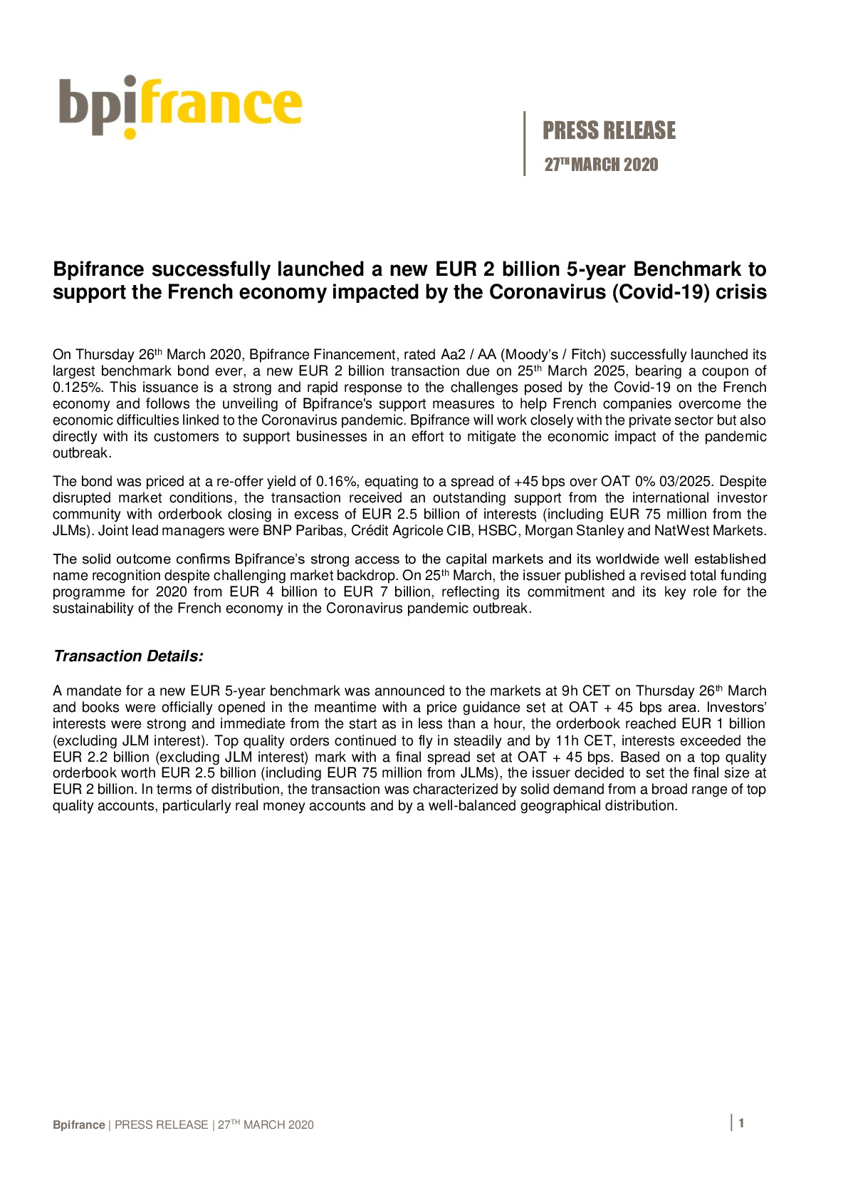 2020 03 27 – PR Bpifrance new EUR 2 billion 5-year Benchmark-pdf