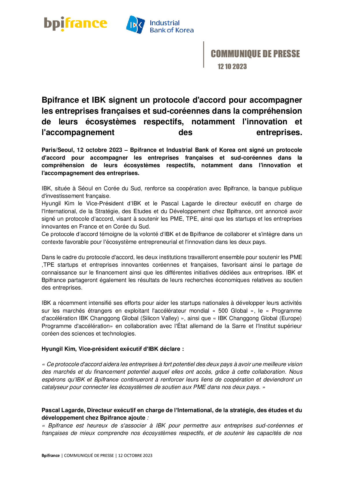 2023 10 12 – Bpifrance et IBK signent un protocole d’accord pour accompagner les entreprises françaises et sud-coréennes dans la compréhension de leurs écosystèmes respectifs, notamment l’innovation-pdf