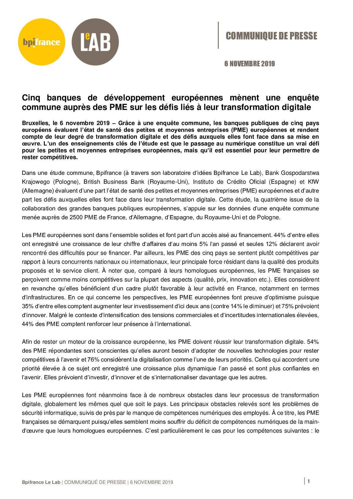 2019 11 06 – CP Bpifrance Le Lab – Enquete europeenne PME-pdf