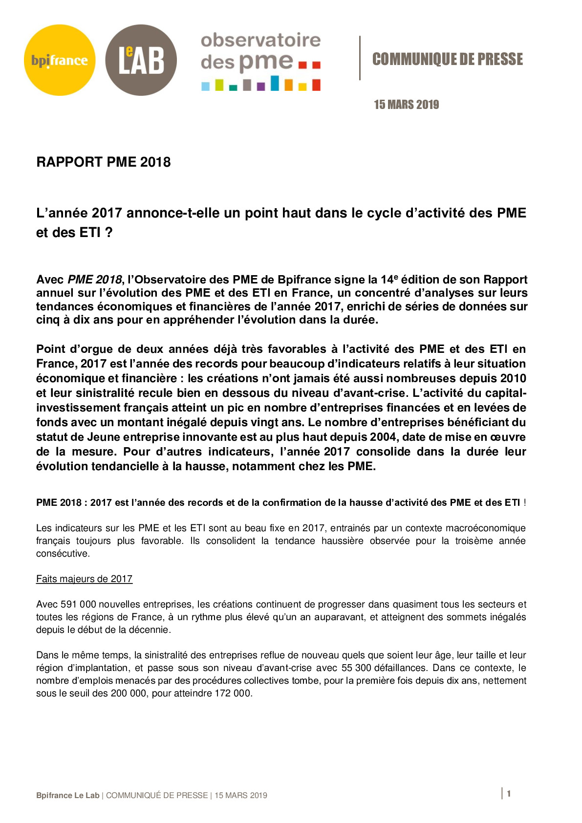20190315 – Communique de presse Bpifrance – Rapport 2018 Observatoire des PME-pdf