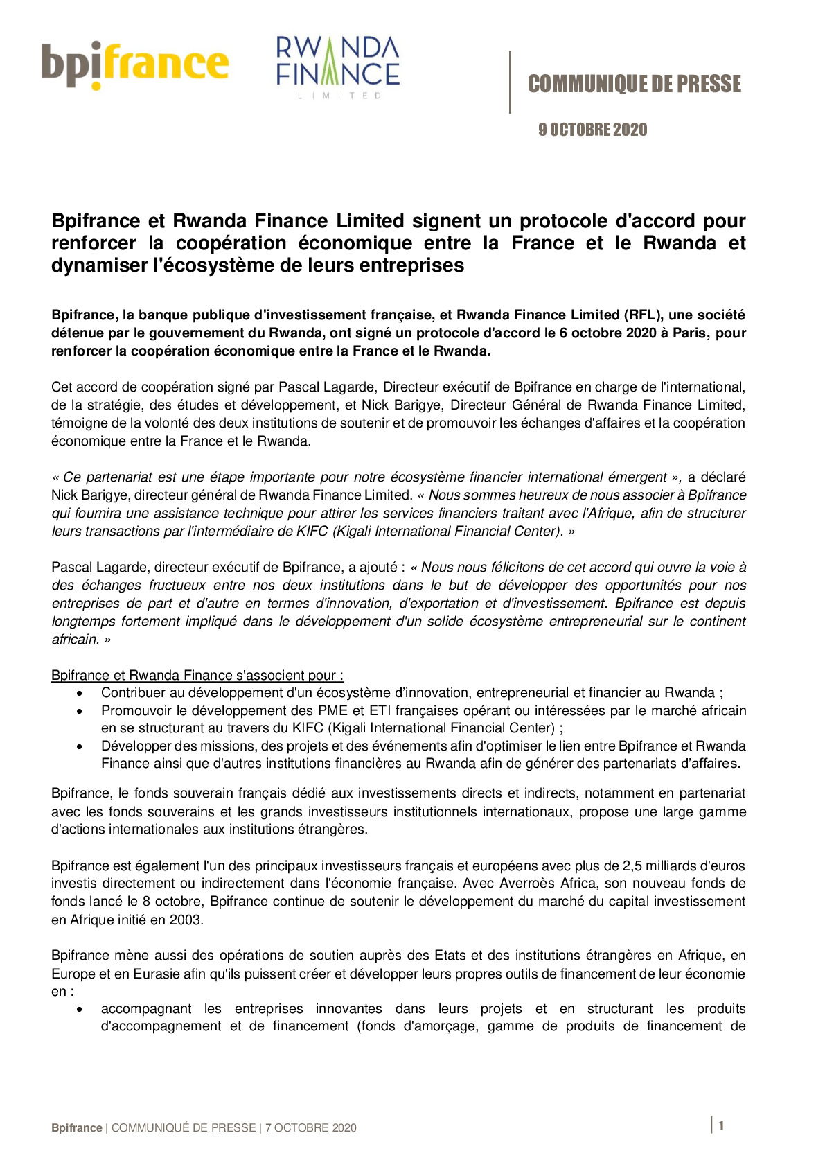 2020 10 09 – CP Bpifrance et Rwanda Finance Limited signent un protocole daccord-pdf