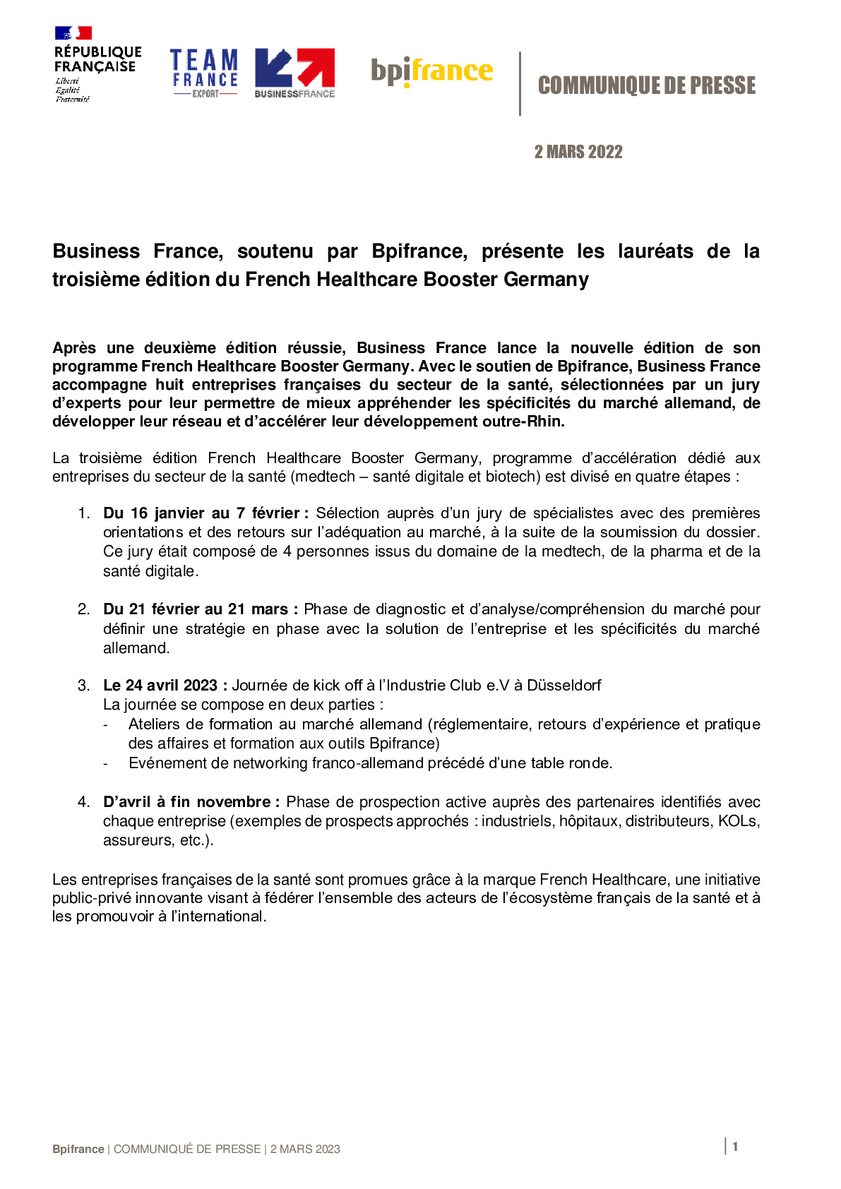 2023 03 02 – Business France, soutenu par Bpifrance, présente les lauréats de la troisième édition du French Healthcare Booster Germany-pdf