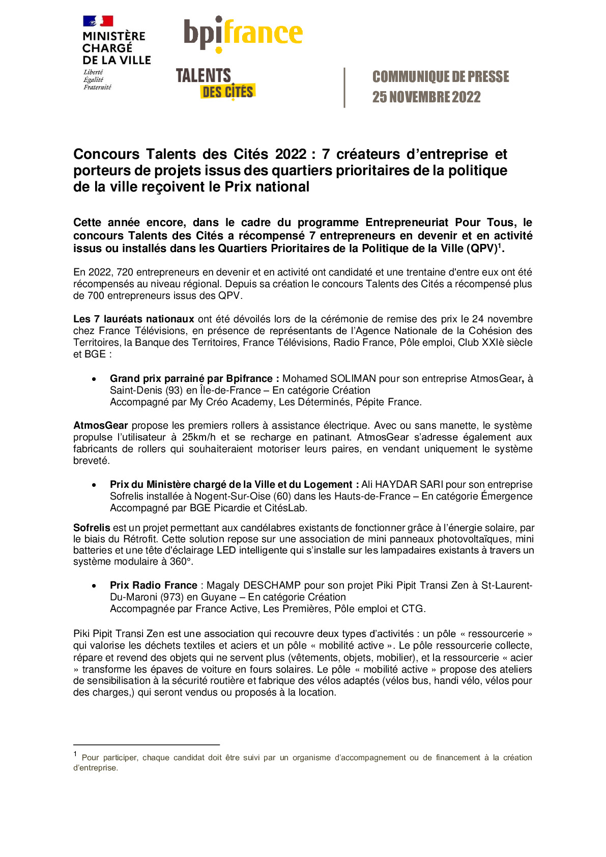 2022 11 25 – CP Concours Talents des Cites 2022 – 7 createurs dentreprise et porteurs de projets issus des QPV recoivent le Prix national -pdf
