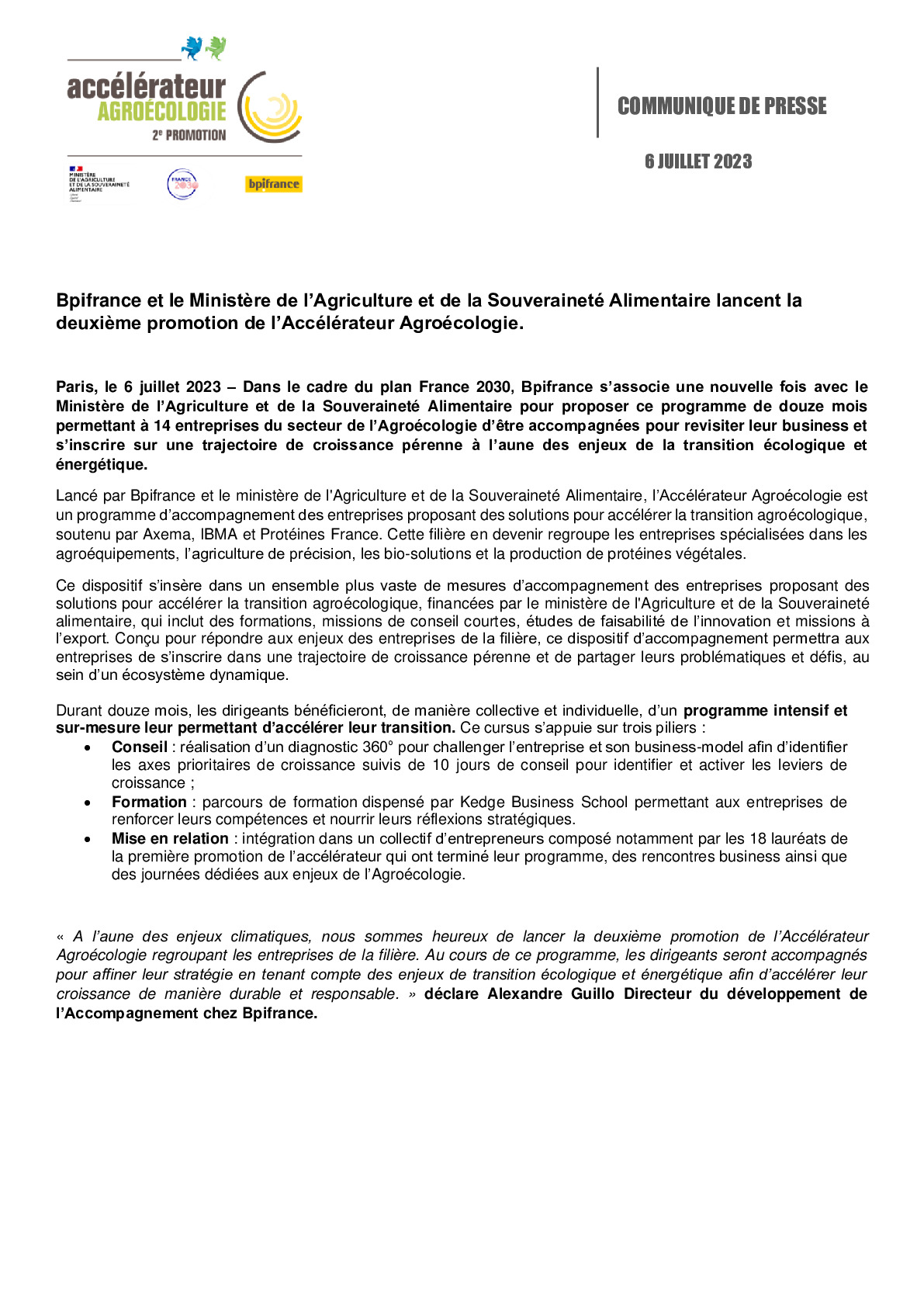 2023 07 06 – CP Bpifrance – Bpifrance et le ministère de l’Agriculture et de la Souveraineté Alimentaire lancent deuxième promotion de l’Accélérateur Agroécologie-pdf
