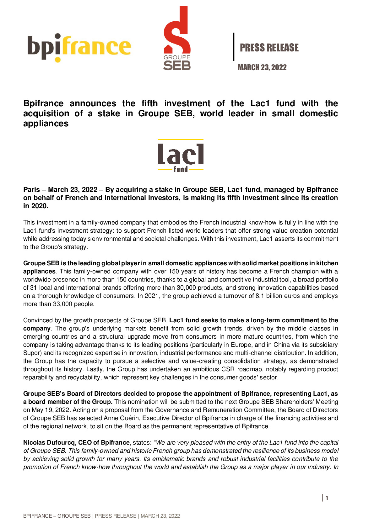 2022 23 03 – PR Groupe SEB x Bpifrance – Lac1 acquires a stake in Groupe SEB-pdf