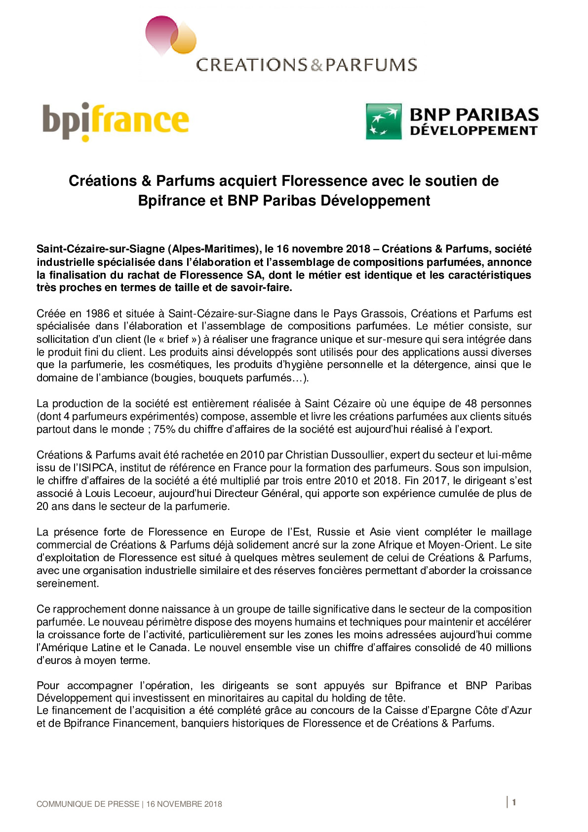 2018 11 16 – CP Bpifrance – Creations Parfums realise lacquisition de Floressence-pdf
