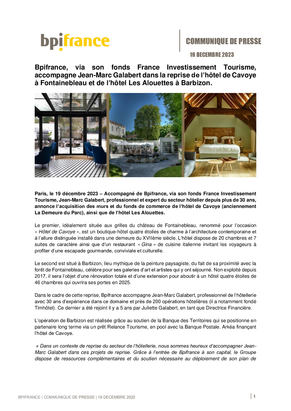 2023 12 19 – Bpifrance, via son fonds France Investissement Tourisme, accompagne Jean-Marc Galabert dans la reprise de l’hôtel de Cavoye à Fontainebleau et de l’hôtel Les Aloue-pdf