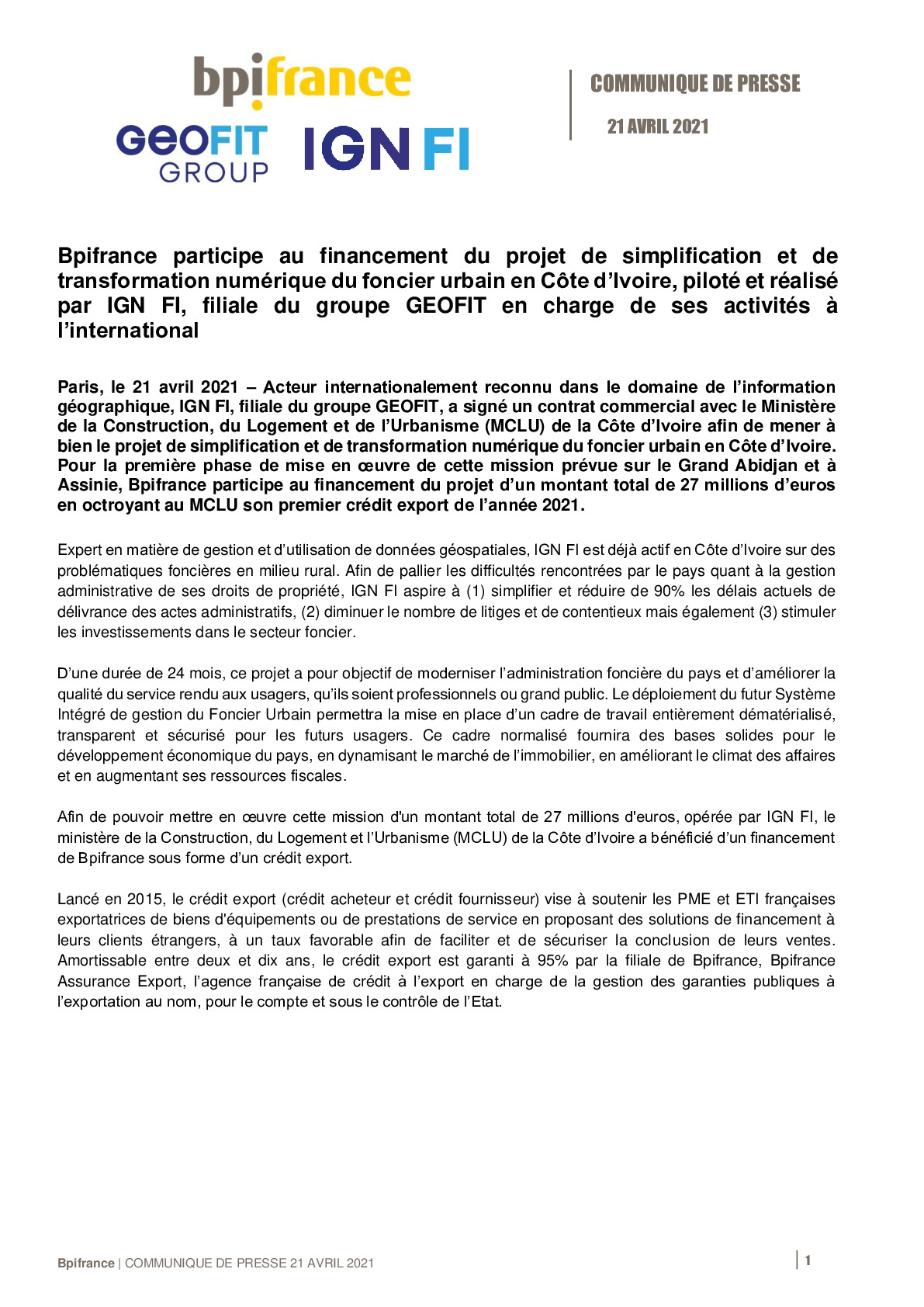 2021 04 21 – CP Bpifrance participe au financement du projet de simplification et de transformation numerique du foncier urbain en Cote dIvoire pilote et realise par IGN FI-pdf