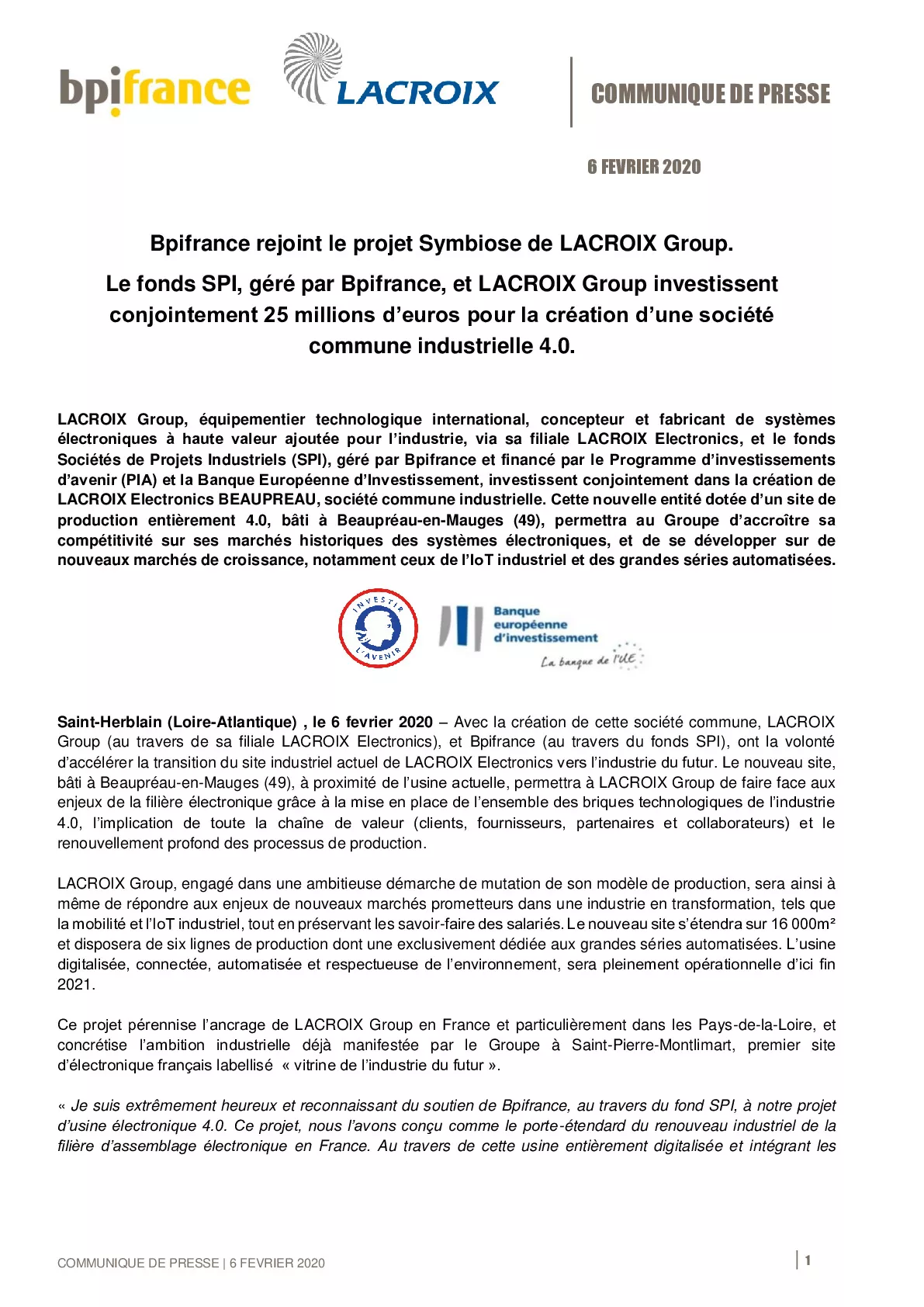 2020 02 06 – CP Lacroix Group Bpifrance – Projet Lacroix Electronics Beaupreau -pdf