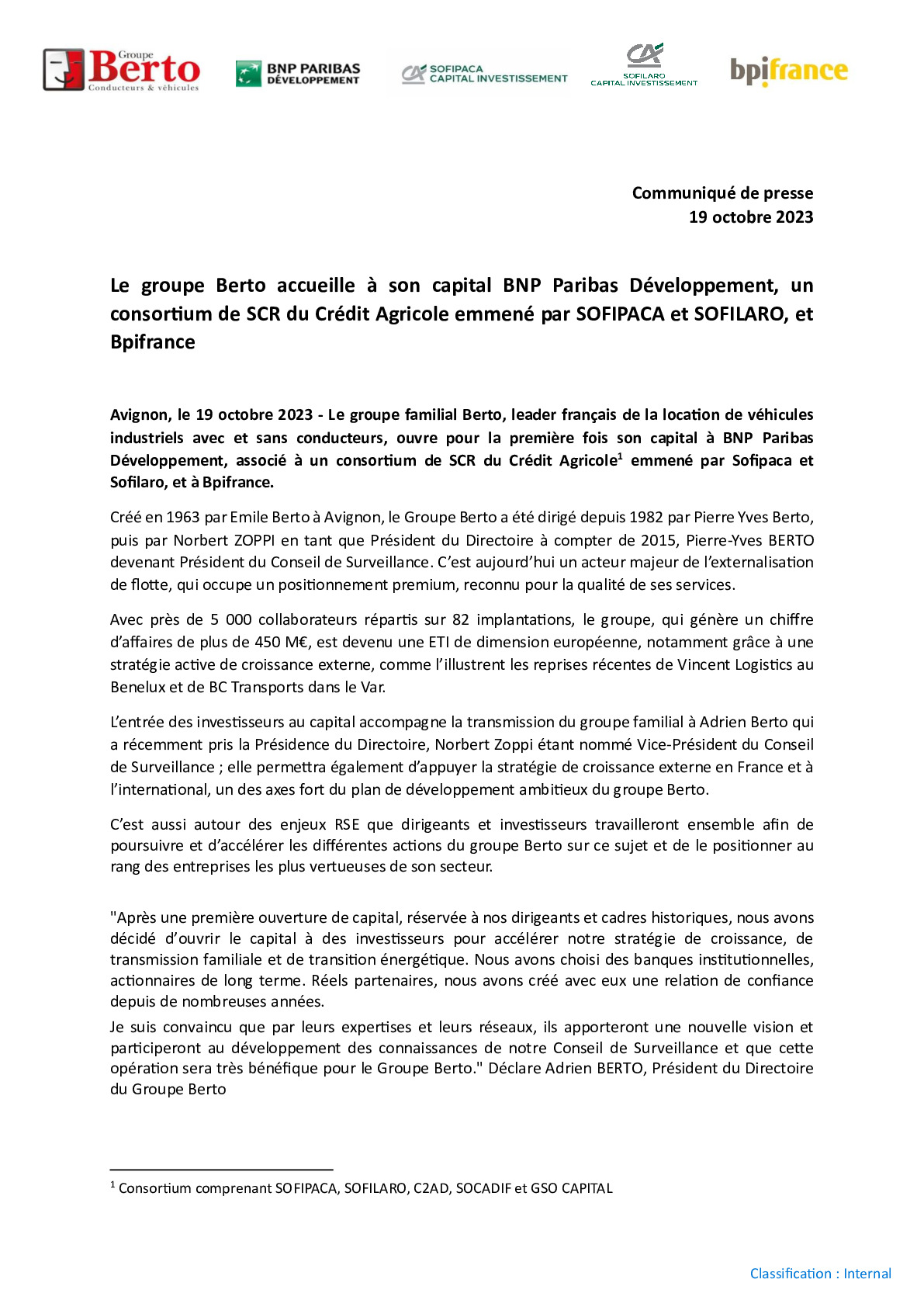 2023 10 19 – CP Le groupe Berto accueille à son capital BNP Paribas Développement, un consortium de SCR du Crédit Agricole emmené par SOFIPACA et SOFILARO, et Bpifrance-pdf