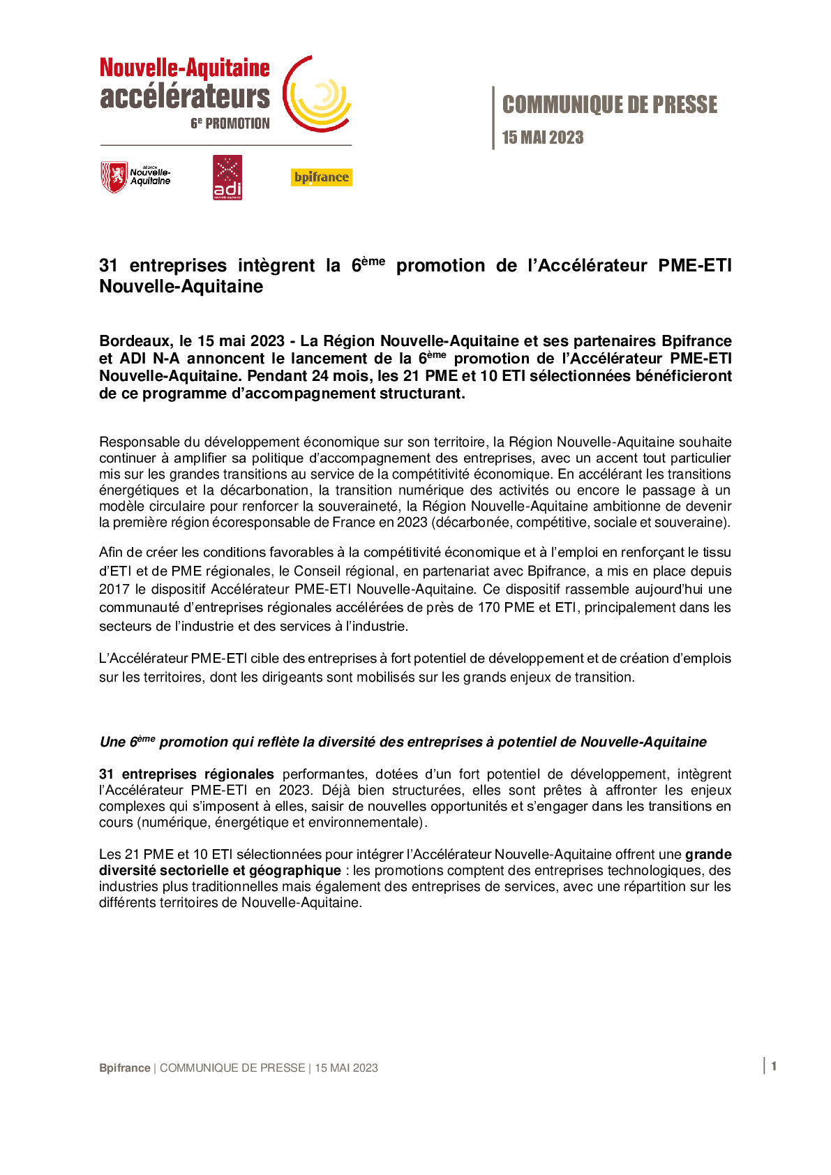2023 15 05 – CP Bpifrance – 31 entreprises intègrent la 6ème promotion de l’Accélérateur PME-ETI Nouvelle-Aquitaine-pdf