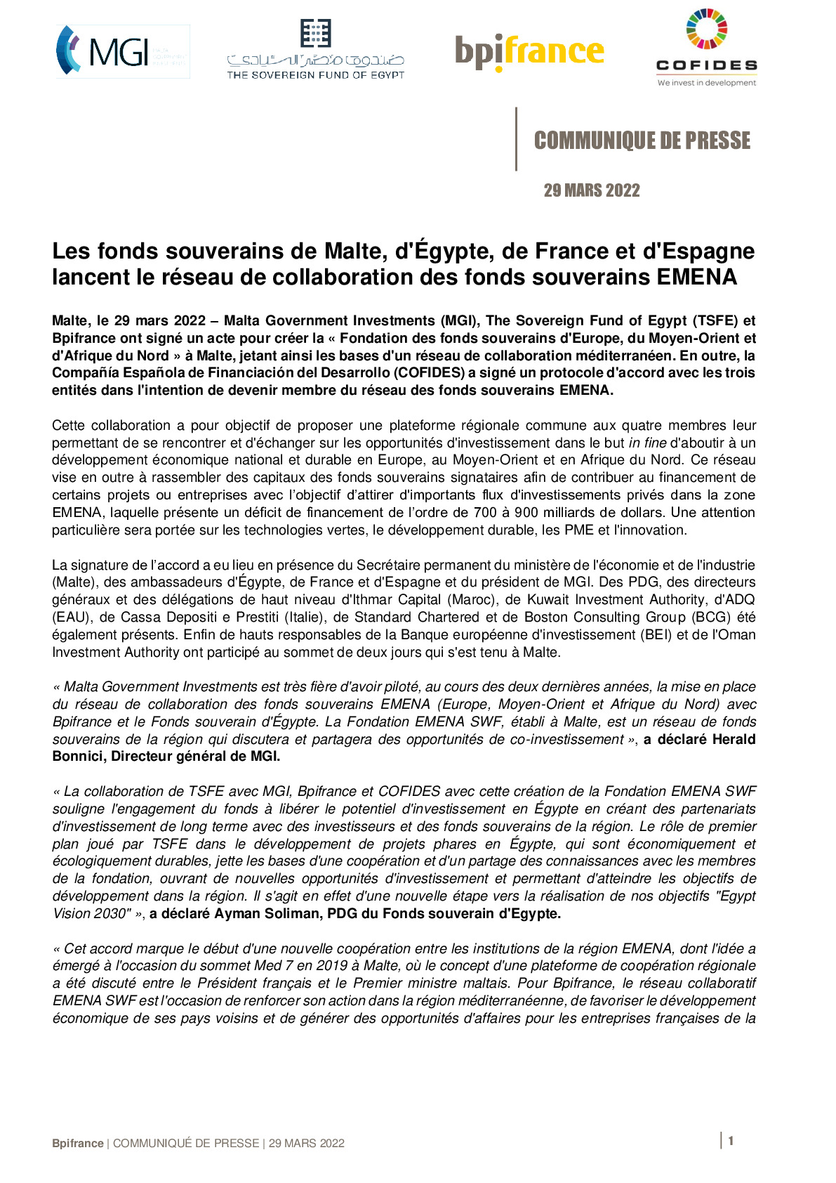 2022 03 29 – CP Les fonds souverains de Malte dEgypte de France et dEspagne lancent le reseau de collaboration des fonds souverains EMENA-pdf