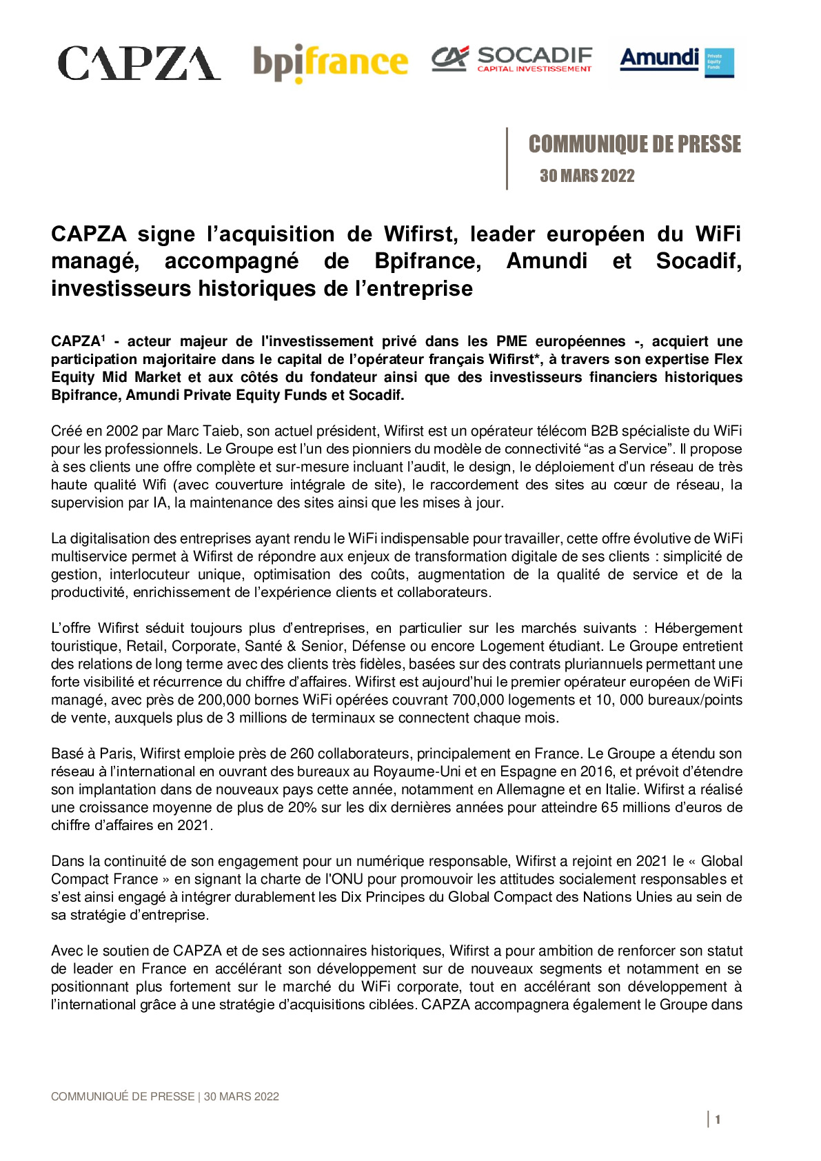 2022 03 30 – CP -CAPZA signe lacquisition de Wifirst leader europeen du WiFi manage accompagne de Bpifrance Amundi et Socadif investisseurs historiques de lentreprise-pdf