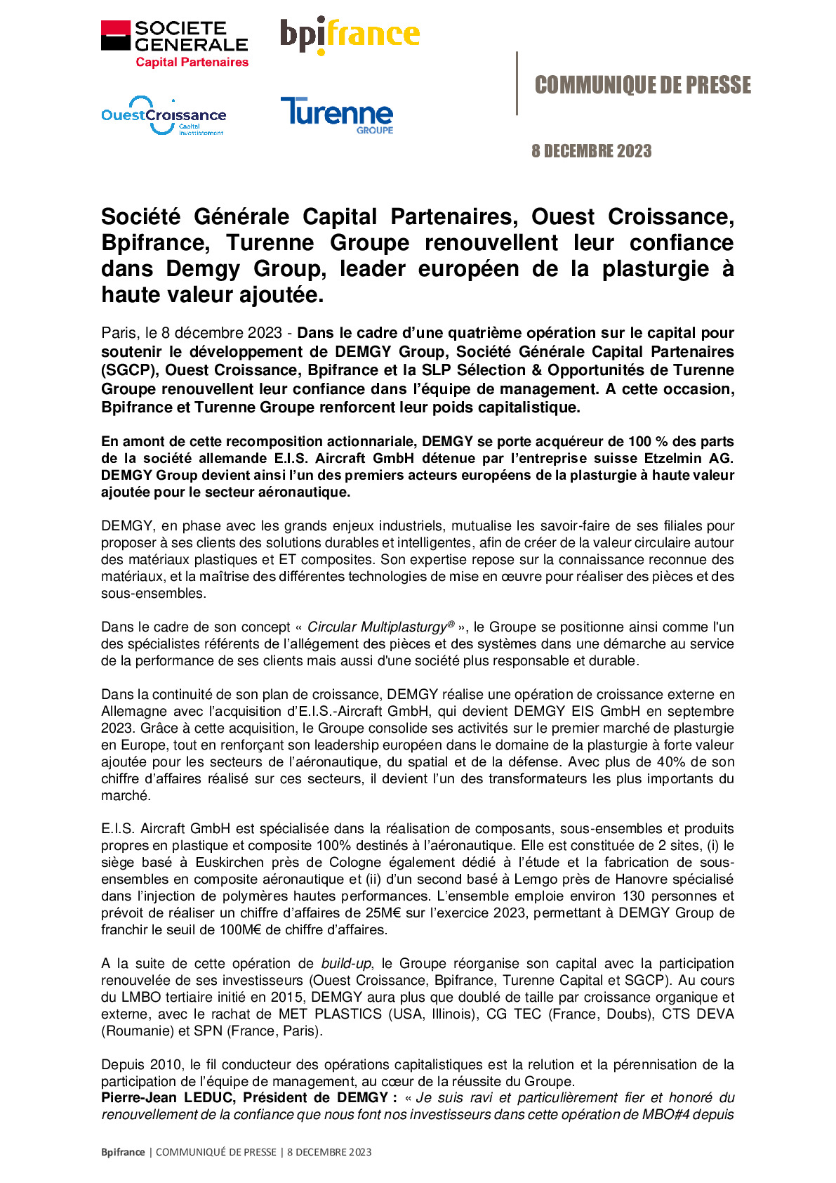 2023-12-08 – CP –  SGCP Ouest Croissance Bpifrance et  Turenne Groupe renouvellent leur confiance  dans DEMGY GROUP -pdf