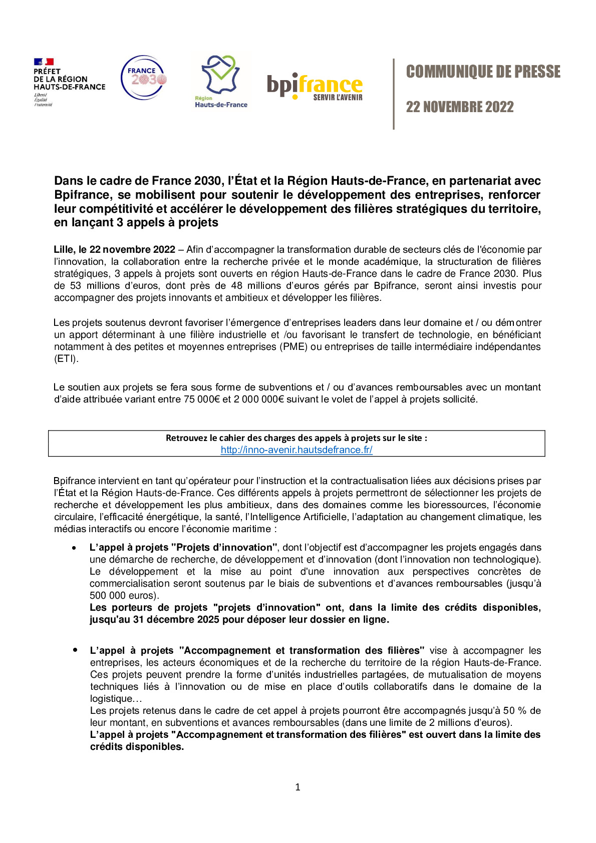 2022 11 22 – CP Ouverture AAP France 2030 regionalise Hauts-de-France -pdf