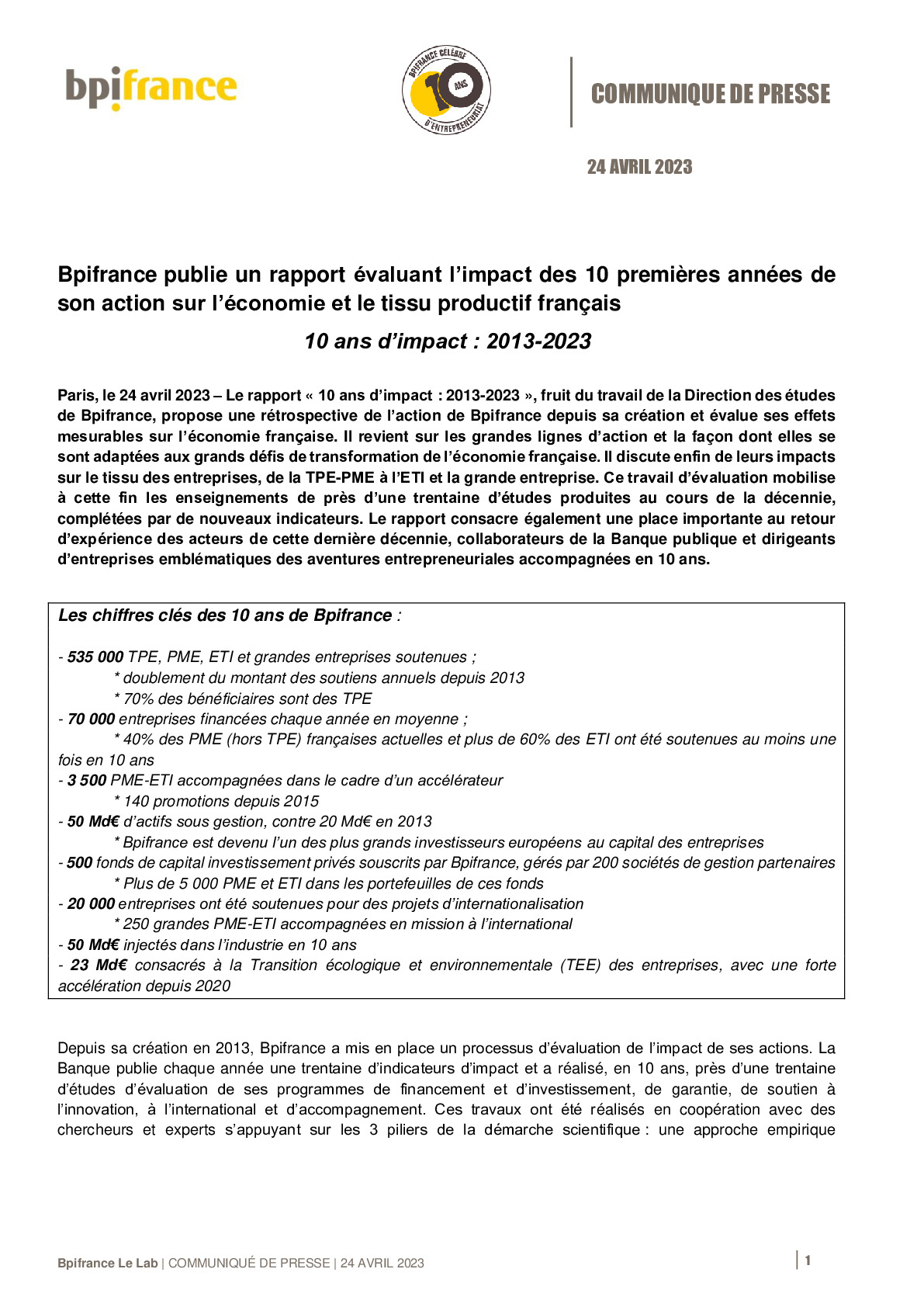 2023 04 24 CP – Bpifrance publie un rapport évaluant l’impact des 10 premières années de son action sur l’économie et le tissu productif français-pdf