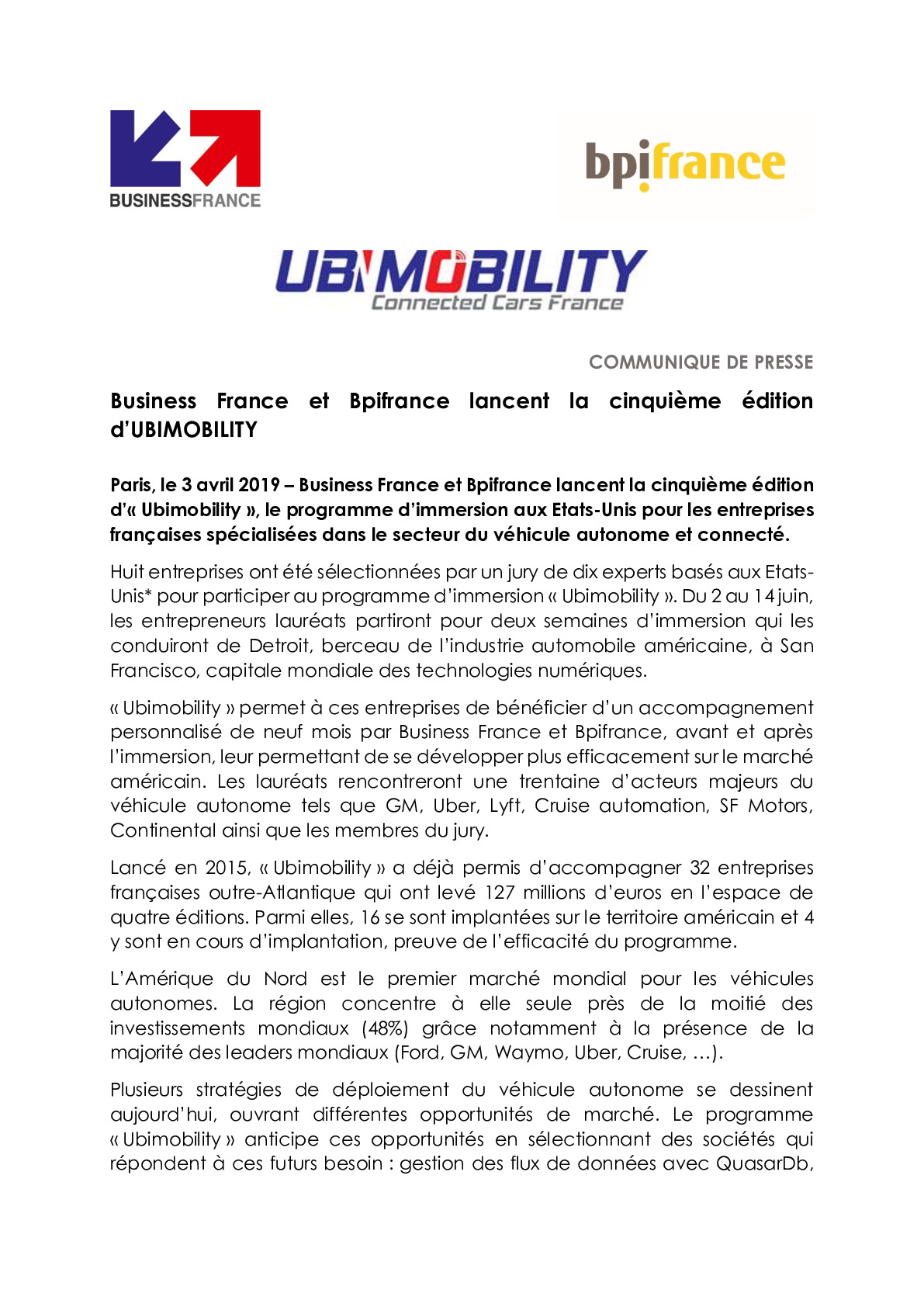 2019 04 03 – Commnique de presse Bpifrance – 5eme edition Ubimobility -pdf